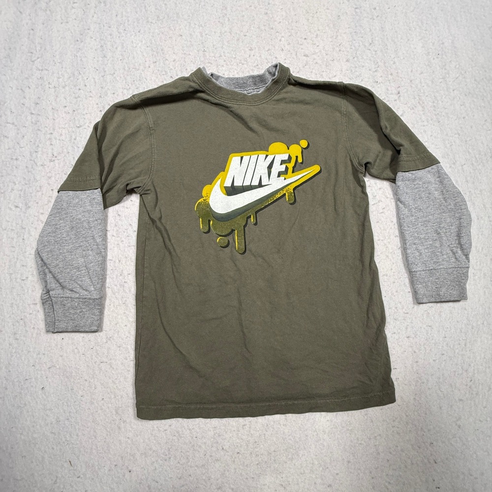 Nike Kids Olive Green Drip Graphic Long Sleeve Layered Look Tee Shirt Size 6